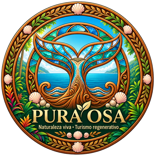 Pura Osa logo: a whale tail that becomes a tree, rooted in the Pacific Ocean